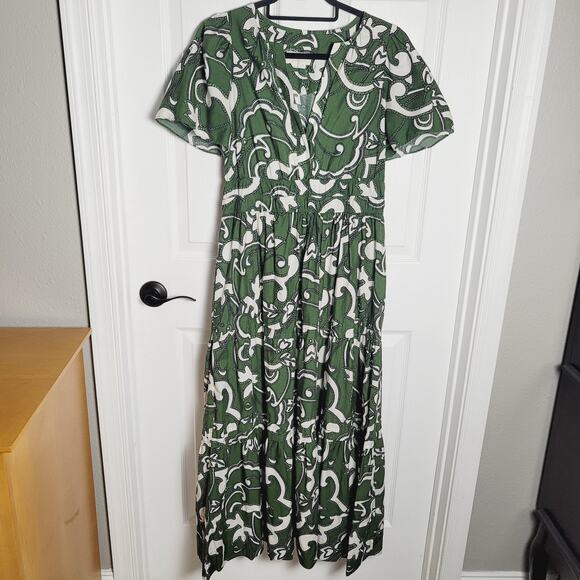 By Anthropologie Dress Womens Medium Green White Tiered Maxi Short Sleeve Boho - Picture 1 of 14